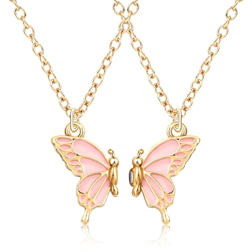 MJARTORIA Freundschaftsketten für 2 Damen Mädchen BFF Halskette Schmetterling Schmuck Anhänger Beste Freundin Kette Puzzle Best Friends Gravur Kinder (Gold Rosa)