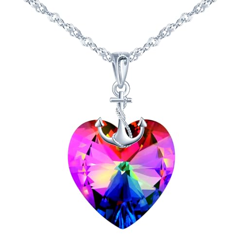 MICSAVI Kette Herz, 18mm Kristallen Kette Damen, Bunt Funkelnde Farbe Anhänger Herz mit Anker Halskette Silber 925 Schmuck Kristall Edelsteine Damenkette Geschenk für Frauen Freundin Mama