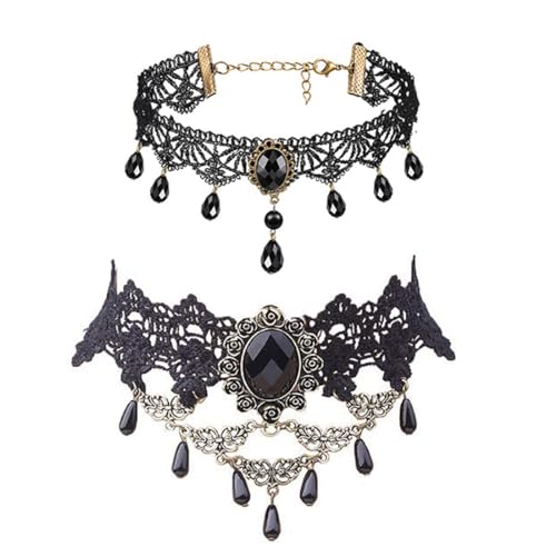 Gothic Halskette Set Schwarz Halsschmuck Damen Spitze Kette Damen Gotisch Choker Zubehör Vintage Halsband Victorian Schmuck für Halloween Pfingsten Maskerade Karneval Fasching Halloween Outfit,2 Stück