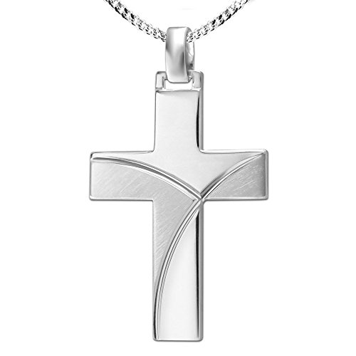 CLEVER SCHMUCK Herren Kreuzkette mit Anhänger großes breites Herren Kreuz 30 mm geschwungene Applikation im Diamantschliff matt glänzend kombiniert mit Kette Panzer 50 cm Sterling Silber 925