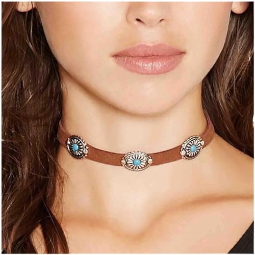 Cimenexe Böhmische Stammes-Lederkette Braune Wildleder Halskette Halskette Türkis Halskette Choker Vintage Lederhalsband Halskette Verstellbare Halskette Schmuck Für Frauen Und Mädchen