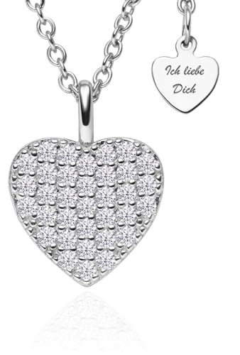 LOVENEST Herzkette Silber 925 Kette Halskette mit 34 ZIRKONIA-Steinchen Silberkette mit Herz-Anhänger Ich Liebe Dich Schmuck Geschenk für Frau Ehefrau Freundin zum Geburtstag, Jahrestag, Hochzeitstag