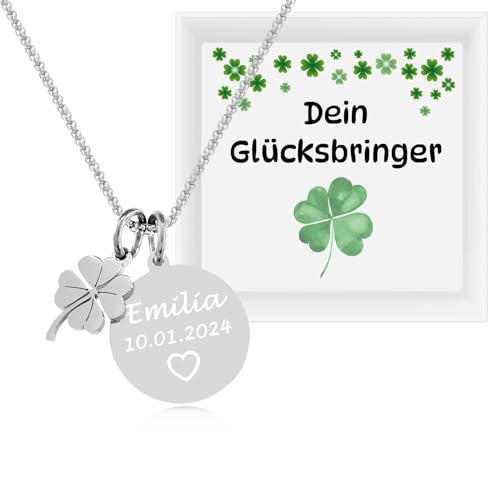 TIMANDO Damen Personalisierte Kette mit Kleeblatt Anhänger - Glücksbringer Halskette mit Gravur aus Edelstahl – Geschenk