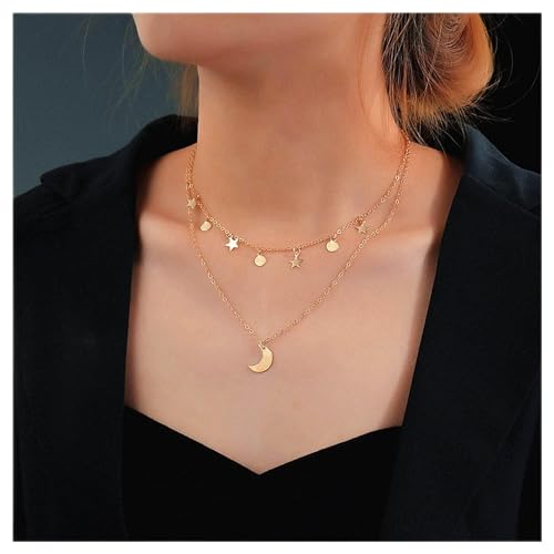 Cimenexe Bohème Geschichtet Mond Anhänger Halskette Vintage Stern Baumeln Choker Halskette Gold Pailletten Münze Halskette Kette Mondsichel Kette Halskette Schmuck Für Frauen Und Mädchen Geschenke