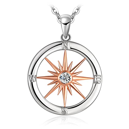 JewelryPalace Sonne Kompass Zirkonia Kette Anhänger 45CM,Rund Ketten Rosegold Halskette Damen Silber 925 Collier Damen Ketten Mädchen, Schmuck mit Stein für Frauen Valentinstag Geschenke