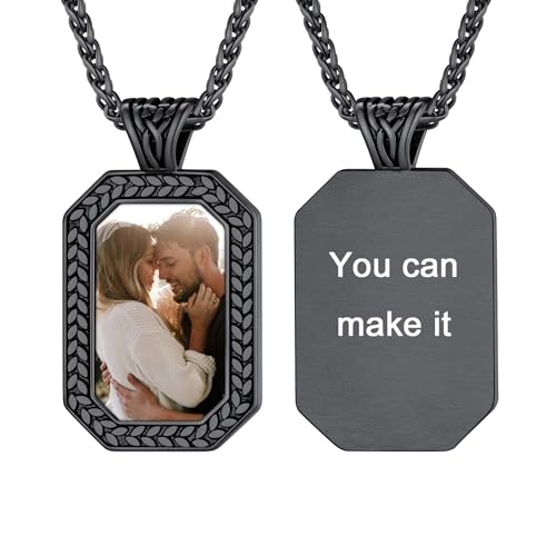 U7 Jungen Achteck Anhänger Halskette mit Foto Olivenblatt Schwarz Kette mit Gravur Bilder Kettenanhänger Custom Olive Leaf Dog Tags Photo Memorial Necklace Personalisiert Modeschmuck für Vatertag