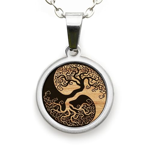 treeforce Edelstahl Halskette in Gold und Silber mit Holzemblem in schwarzem Geschenksetui, unisex (Yin Yang Baum, Silber)