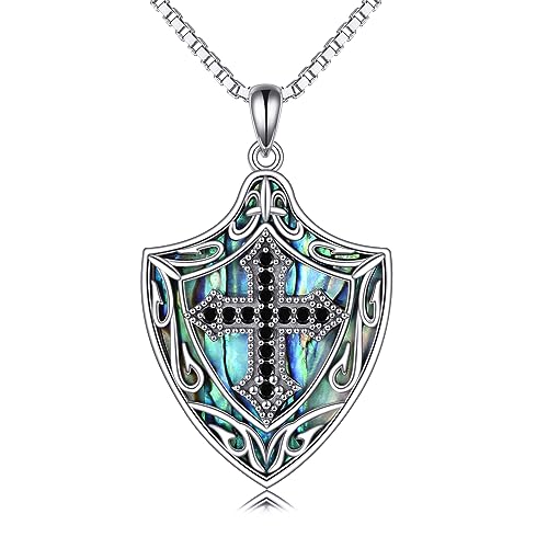 Ritter Templer Kreuz Schild Kette Sterling Silber Abalone Muschel Anhänger Schild Halskette Schmuck für Herren Damen Valentinstag Weihnachten Geburtstag Geschenke (A-Kreuz Schild Kette)