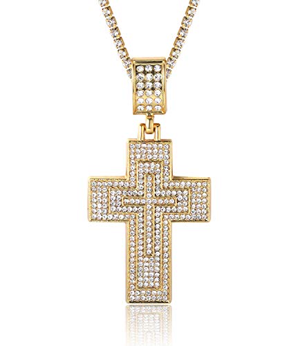 Goldkette mit Kreuz Herren Iced Out,18 Karat Echt Vergoldet Kreuz Anhänger Halskette,Volle Cz Labordiamants Zinken-Set,mit Baby-Tennis-Kette 50cm,KOSTENLOSE Geschenkbox