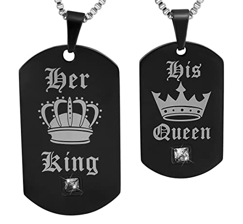 Hanessa 2 Stück Personalisierte Kette mit Gravur Edelstahl 50 cm mit Anhänger Dog Tag Krone in schwarz - Personalisierte Geschenke für Damen Herren Freundin Freund - Partner Halskette für Sie und Ihn