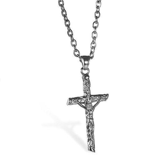 JewelryWe Schmuck Edelstahl Klassisch Jesus Christus Kruzifix Kreuz Anhänger mit 55cm Kette, Halskette für Herren und Damen, Silber