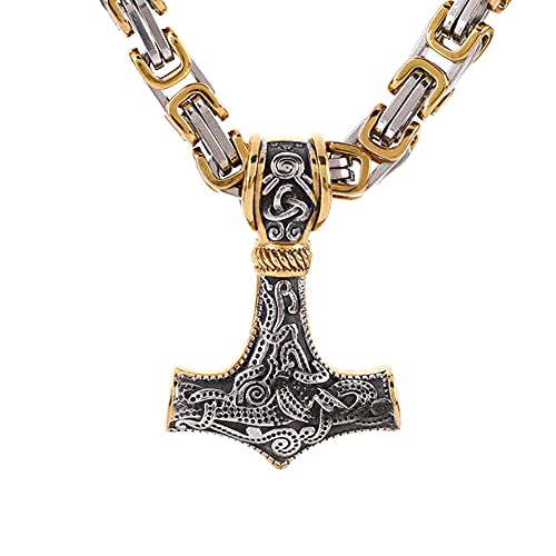 YCYR Viking Thors Hammer Halskette Für Männer Frauen, Nordischer Edelstahl Odin Keltischer Knoten Mjolnir Totem Amulett Schmuck Mit 24 Zoll Königskette,Gold