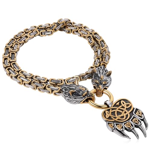 Flongo Wikinger Wolf Halskette für Herren: Wolfskopf Bärenklaue Anhänger Chunky Kette Amulett Edelstahl Byzantinische Kette Punk Norwegischer Schmuck Vintage silber schwarz gold Königskette 71cm