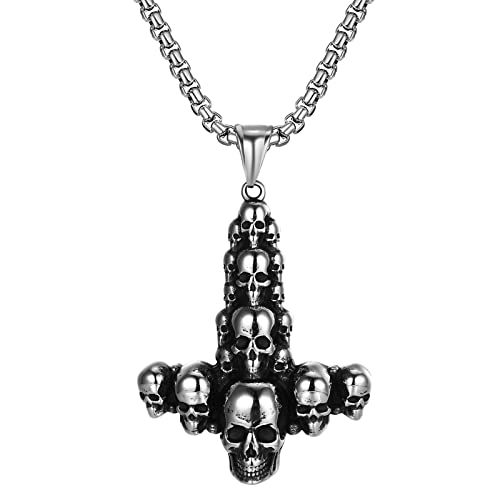 JewelryWe Schmuck Retro Halskette Herren Punk Totenkopf Schädel Kreuz Edelstahl Anhänger mit Kette Geschenk für Männer Silber