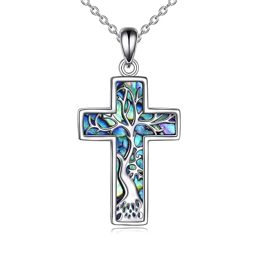 YFN Kreuz Kette Damen Sterling Silber Abalone Lebensbaum Kreuz Anhänger Halskette Baum des Lebens Kreuz Schmuck für Damen Herren Christliche Geschenke