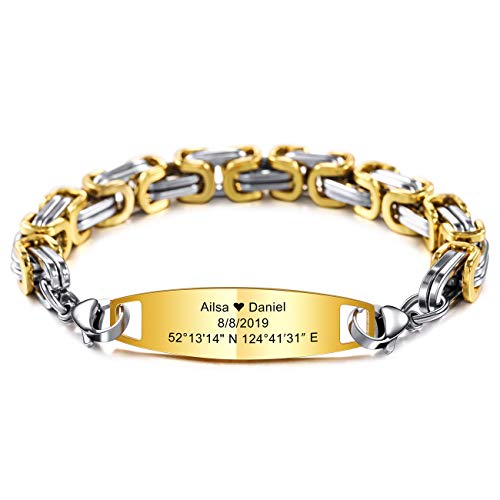 MeMeDIY Personalisierte Armband Gravur Name Identifizierung ID Angepasst Für Männer Frauen Mädchen Jungen Edelstahl Einstellbare Link Armbänder (Gold Farbe, 203 Millimetro, Königskette)