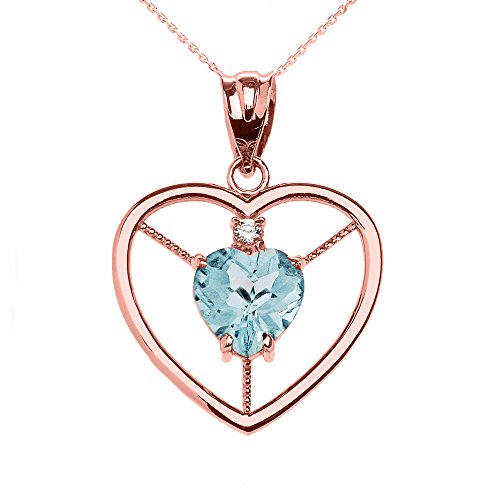 Damen Anhänger Halskette Elegant 9 Karat Rotgold Diamant und März Monatsstein Hellblau Aqua Herz Solitär (Kommt mit einem 45cm Kette)