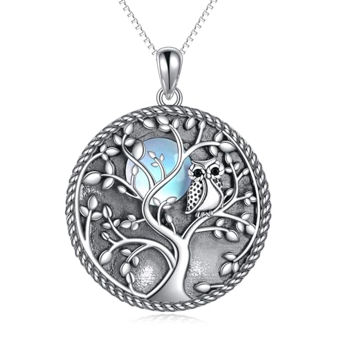 Baum des Lebens Kette für Damen Sterling Silber Eule Kette Lebensbaum Schmuck Mondstein Kette für Damen Mädchen