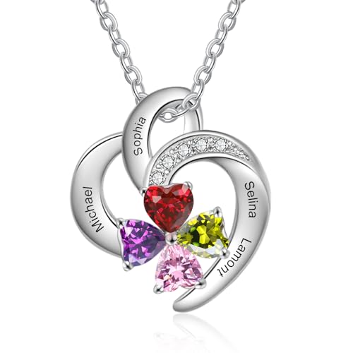 Personalisierte Halskette mit Name Geburtsstein Herzanhänger Silber Kette für Damen Geschenk für Muttertag Weihnachten Valentinstag (4 name)