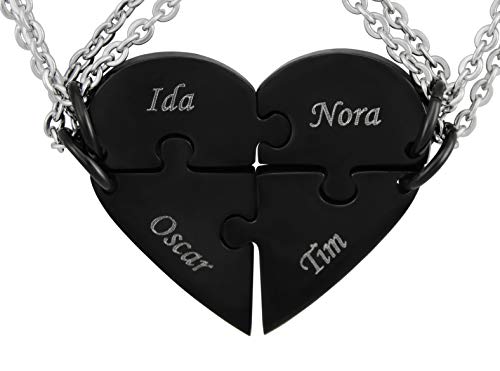 Hanessa 2 Stück Personalisierte Kette mit Gravur Edelstahl 50 cm mit Anhänger Herz Puzzle in schwarz - Personalisierte Geschenke für Damen Herren Freundin Freund - Partner Halskette für Sie und Ihn