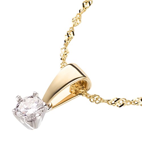 Ardeo Aurum Damen Anhänger mit Kette Collier aus 585 Gold bicolor Gelbgold Weißgold mit 0,15 ct Diamant Brillant Solitär Singapurkette Halskette