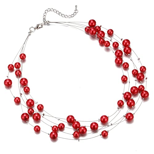 FULU AUTUMN Boho Perlenkette Damen Silber Statement Kette Mehrreihige Modeschmuck Geburtstagsgeschenk für Frauen(Red)