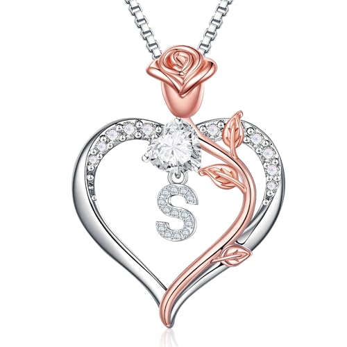 TINGN Halskette Damen Silber 925 - Silberkette Damen Herz Halskette Frauen Silber Intiale S Kette mit Buchstaben Rose Schmuck Herz Valentinstag Muttertag Geburtstag Geschenk für Frauen Freundin Mama