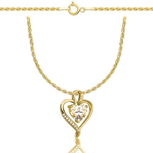 AMAR PRAGNA herzkette silber 925 halskette damen gold - herz kette Zirkonia, gold kette frauen, kette damen gold 585, Zirkonia Halskette für Geschenk -schmuck gold damen 60 cm