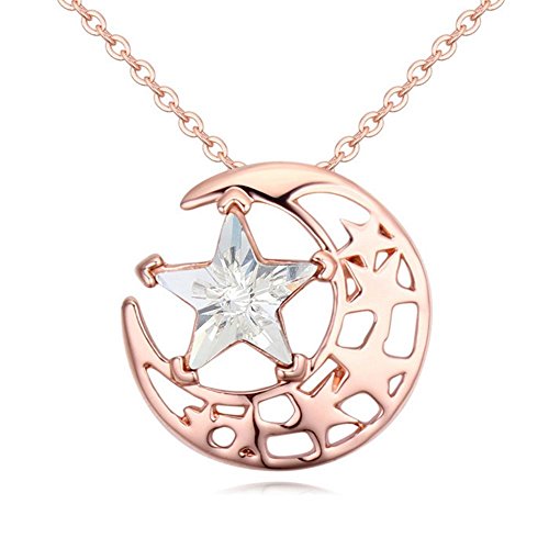 Bungsa Kette  MOND & STERNE  rosegold farben 45cm Damen - Anhänger in Form eines Mondes - mit sternförmigem klaren KRISTALL besetzt - Frauenkette rotgold - necklace redgold stars moon crystals