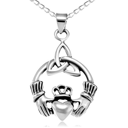 Alexander Castle Solide 925 Sterling Silber Irische Claddagh Trinity Knot Keltische Anhänger Halskette - Keltischer Schmuck für Damen mit 18  Silber Kette & Schmuck Geschenk-Box - 24mm x 16mm