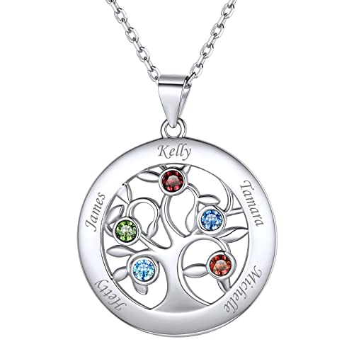 ChicSilver Silber Medaillon Anhänger mit 5 Geburssteine Damen Mädchen 925 Lebensbaum Anhänger mit 5 Namen Gravur Stammbaum Kette Bestes Geschenk für Familien