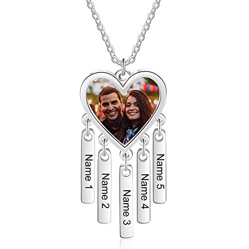 Personalisierte Foto Halskette Silber Kette mit 1 bis 5 Text- und Herzfoto Gravierter Anhänger für Mutter Tochter-Geschenk für Muttertag Valentinstag Weihnachten (5 Name)