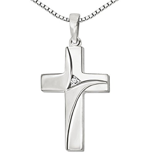 CLEVER SCHMUCK Set Silberner Anhänger Kreuz 23 mm mit einem Spann-Zirkonia, matt und glänzend, geschwungene Form und Kette Venezia 45 cm Sterling Silber 925 im Etui