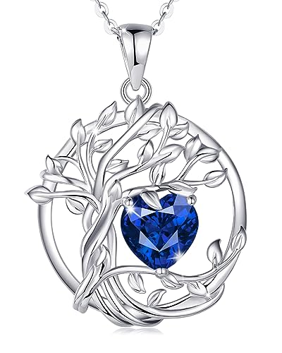 FANCIME Lebensbaum Saphir Kette für Damen 925 Sterling Silber Baum des Lebens Saphir Anhänger Halskette Schmuck Geschenke für Frauen Mädchen, Kettenlänge: 40+5 cm