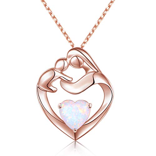 Flyow Echtes 925 Sterling Silber Mutter und Kind Herz Lab Opal Anhänger Halskette Schmuck für Mama Damen Frauen, Einstellbare Silberkette 18 +2 Zoll Geschenke für Junge Mütter (Rose)