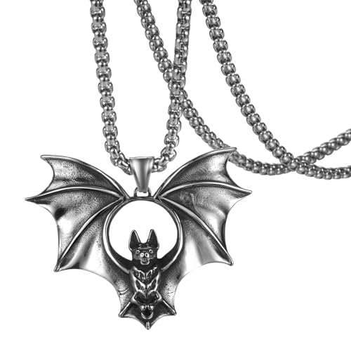 JewelryWe Gothic Fledermaus Halskette Herren: Punk Rock Große Fledermaus Vampir Anhänger Kette Edelstahl Vintage Tier Halskette Schmuck Silber für Halloween Karneval Party Hexe Vampir Kostüm