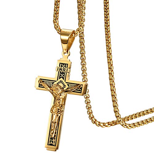 JewelryWe Schmuck Herren Halskette Katholische Jesus Christus auf INRI Kreuz Kruzifix Edelstahl Anhänger mit 22 Zoll Kette Gold