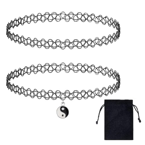 Ruzister 2 Stück Tattoo Kette Choker Kette Damen Stretch Schmuck 90s Halskette für Damen Teenager Mädchen Schwarze Anhänger Schmuck Tattoo Choker Halsband