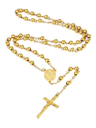 Supcare Königskette Gold Kugelkette Damen Rosenkranz Katholische Halskette Cross Necklace Edelstahl Gebetskette Christlich Kette Rosary Religiöse Kruzifix Anhänger Jesus Kreuz Kette Schmuck für Bibel