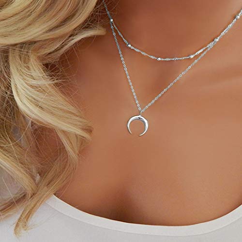 Yienate Bohemia Mehrlagige Halskette Trendy Halbmond Anhänger Perle Choker Kette Boho Schmuck für Damen und Mädchen (Silber)