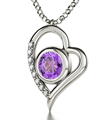 Nano Schmuck 925 Sterling Silber Kabbala Herzkette 72 Namen Gottes Graviert auf Hebräisch mit 24k Gold auf 8mm in Heller Amethyst-Lila, 8 Weiße Zirkonia, 45cm Silberkette