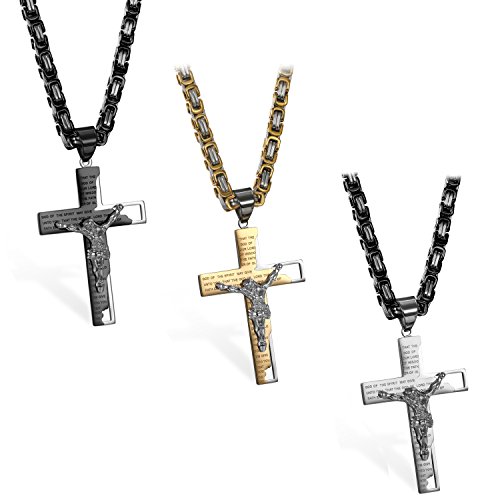 JewelryWe Schmuck 3pcs Edelstahl Kreuz Rood Jesus Kruzifix Bibel Gebet Englisch Anhänger mit 65cm Königskette Kette, Retro Halskette für Herren, Silber Gold Schwarz, mit kostenlos Gravur