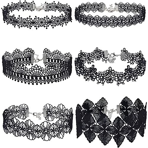 PLABBDPL Choker,Spitzen Choker, 6Pcs Halsketten Set, Tattoo Gothic Spitze Choker Ketten Stretch Samt Classic,schwarz,Choker Halskette Schwarz,Schwarz Gothic Halsband Tattoo Spitze Punk Halskette Damen