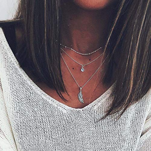 Yienate Boho Layered Angel Wing Anhänger Choker Halskette Kette zarter Strass Anhänger Statement Boho Charme mehrlagige Halskette Schmuck für Frauen und Mädchen