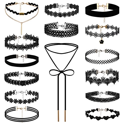 JewelryWe Schmuck 15 Stück Damen Choker Kette Halsband Set Gothic Leder Choker Spitze Samt Choker Halskette Set